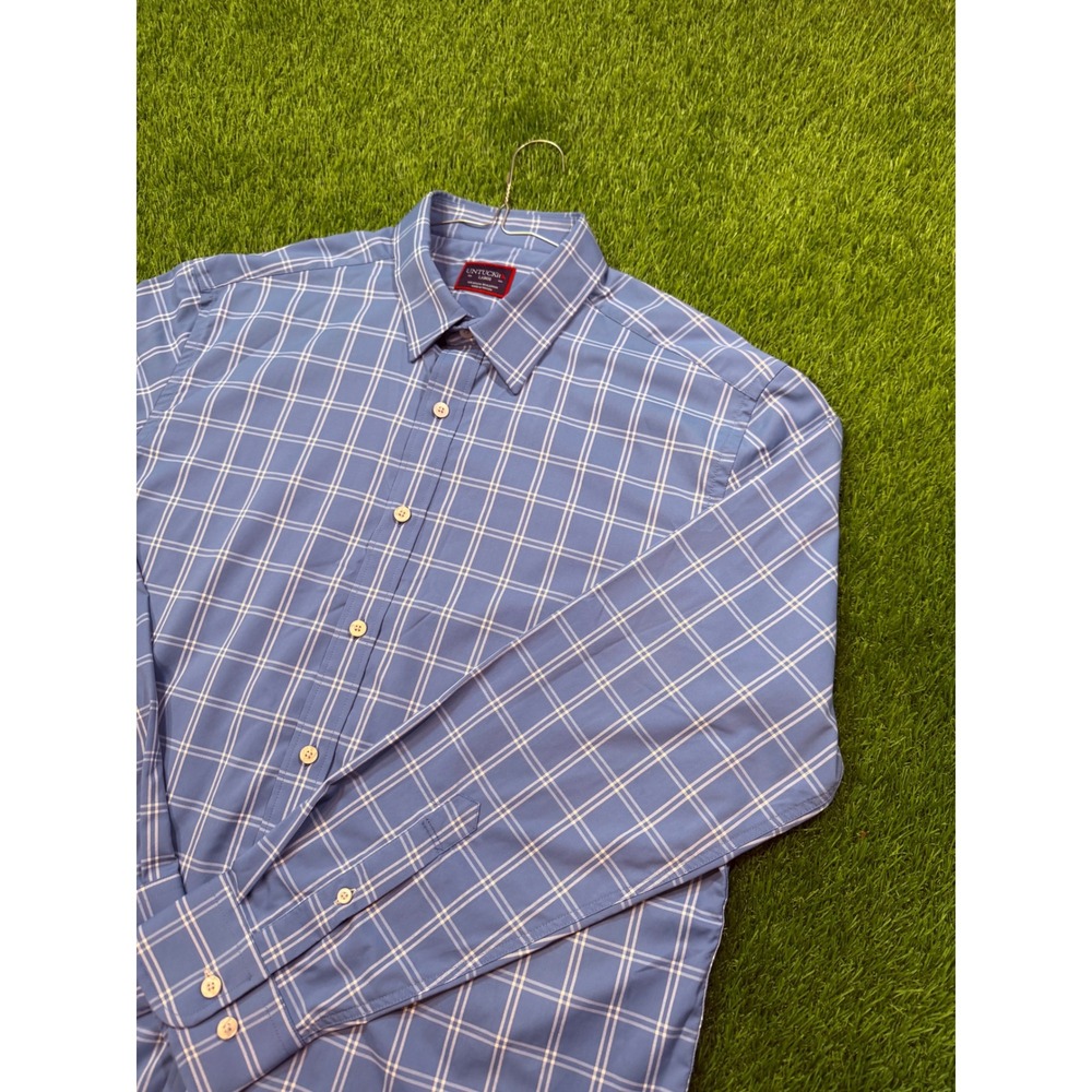 UNTUCKit Garrett Mens Large Blue Windowpane Plaid Button Down Shirt Regular Fit